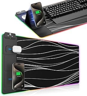 XXL Mouse Pad with Phone Holder, RGB Desk Mat with 15W Fast Charging, LED Large Gaming Mouse Pad with 11 Lights Colors, Long Mouse Pads for Desk, Waterproof Non-Slip Desk Pad for Gamer Esports Pros image