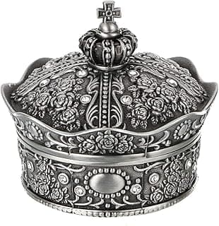 Hipiwe Vintage Jewelry Box, Antique Crown Design Trinket Treasure Chest Storage Organizer,Metal Earrings/Necklace/Ring Holder Case, Keepsake Giftb Box for Girls Women (Small) image