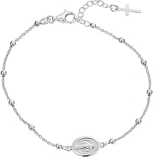 Ritastephens Italian Sterling Silver Miraculous Mary Medal Small Cross Adjustable Rosary Bracelet or Anklet image