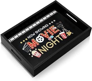 Movie Night Serving Tray with Handles Wooden Snack Storage Box Snack Rack for Countertop, Storage Basket for Home Party Kitchen Supplies(Black,Movie Night) image