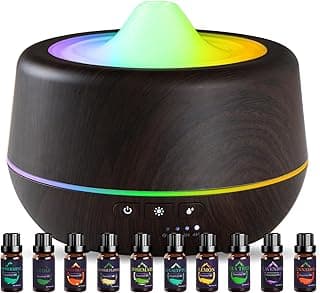 500ml Essential Oil Diffuser with 10 Scented Essential Oils,Wood Grain Ultrasonic Oil Diffuser,Aromatherapy Diffuser with Remote Control,Timer,7 Colors Light,2 Mist Modes for Large Room Office,Brown