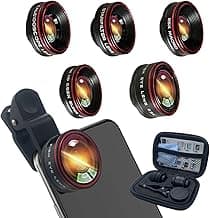 Phone Camera Lens,Clip on Cell Phone Lens kit 5 in 1, 235° Fisheye Lens + 25X Macro Lens + 0.62X Super Wide Angle Lens,Starlight+Kaleidoscope,for Most iPhone Android Phones and Smartphones Black image