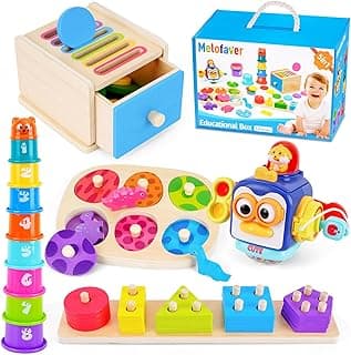 Montessori Toys for 1 2 Year Old, Educational Learning Toys Set Toddler Toys with Stacking Cups, Sensory Busy Cube, Dinosaur Puzzles, Montessori Coin Box, Stacking Toys, Gifts for Boys Girls image