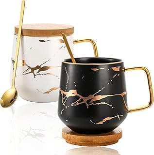 Peohud 2 Pack Porcelain Coffee Mugs Set, 14 OZ Marble Coffee Cups with Lid and Spoon, Large Tea Mugs for Latte, Cappuccino, Americano, Coffee Mugs for Couple, Novelty Engagement Gift image