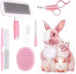 Small Animal Pet Grooming Kit with Pet Shedding Slicker Brush, Bath Massage Glove, Pet Grooming Comb, Nail Clipper Trimmer for Rabbit, Puppy, Kitten, Guinea Pig, Hamster, Ferret (Pink) image