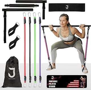 Pilates Bar Kit with Resistance Bands for Men and Women | 3 Set Exercise Resistance Bands – Pilates Bar with Non-Slip Foot Belts | Home Gym Workouts Stainless Steel Pilates for Full Body Shaping image