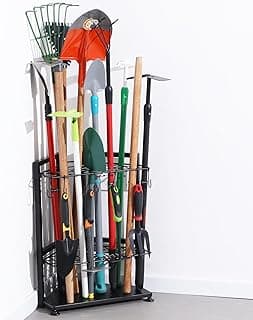 Garden Tool Organizer for Corner,Yard Tools Rack for Garage Storage Organization,Garage Tool Holder Free Standing No Mount.Heavy Duty and Solid Metal for Indoor and Outdoor Use.