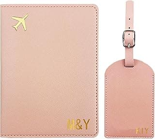 Customized Passport Holder And Luggage Tag Set, Personalized Passport Covers with Name, PU Leather Business Rfid Passport Wallet, Bride Gifts for Valentine Honeymoon Family Traveling (Gold-Stamped) image