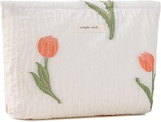 ZLFSRQ Tulip Makeup Bag for Women Floral Cosmetic Pouch for Purse Zipper Cosmetic Bags Large Capacity Quilted Canvas Cute Aesthetic Flower Makeup Bags Gift Travel Toiletry Makeup Organizer