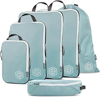 Extra Large Compression Packing Cube 6 Piece Set for Travel and Check Luggage by TRIPPED Travel Gear (Teal and White) image