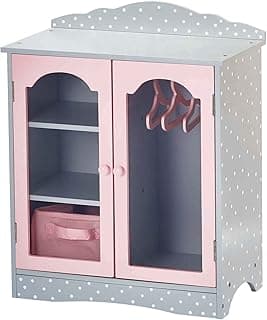 Olivia's Little World Polka Dot Princess Wooden Shaker-Style Double Closet for 18" Doll Wardrobes with Windowed Doors, Three Shelves, Hanging Space with Hangers, Gray/Pink