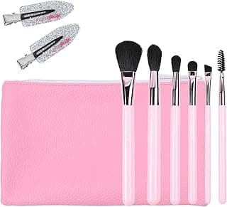 Petite N Pretty Essential Eyeshadow Brush Set with Duck Clips - Pink Makeup Bag, 6 Artist Brushes & Hair Accessories for Girls, Kids, Teens, and Tweens