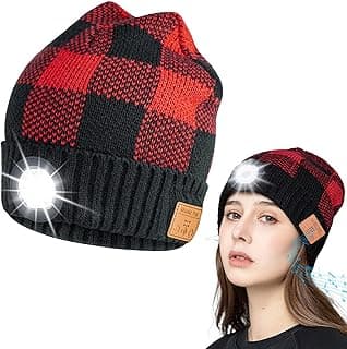 Bluetooth Beanie Hat with Light,Unisex Rechargeable headlamp hat with Wireless Bluetooth Headphones,Winter Camping headlamp Cap Christmas Birthday Gifts for Men/Womens Black Red image