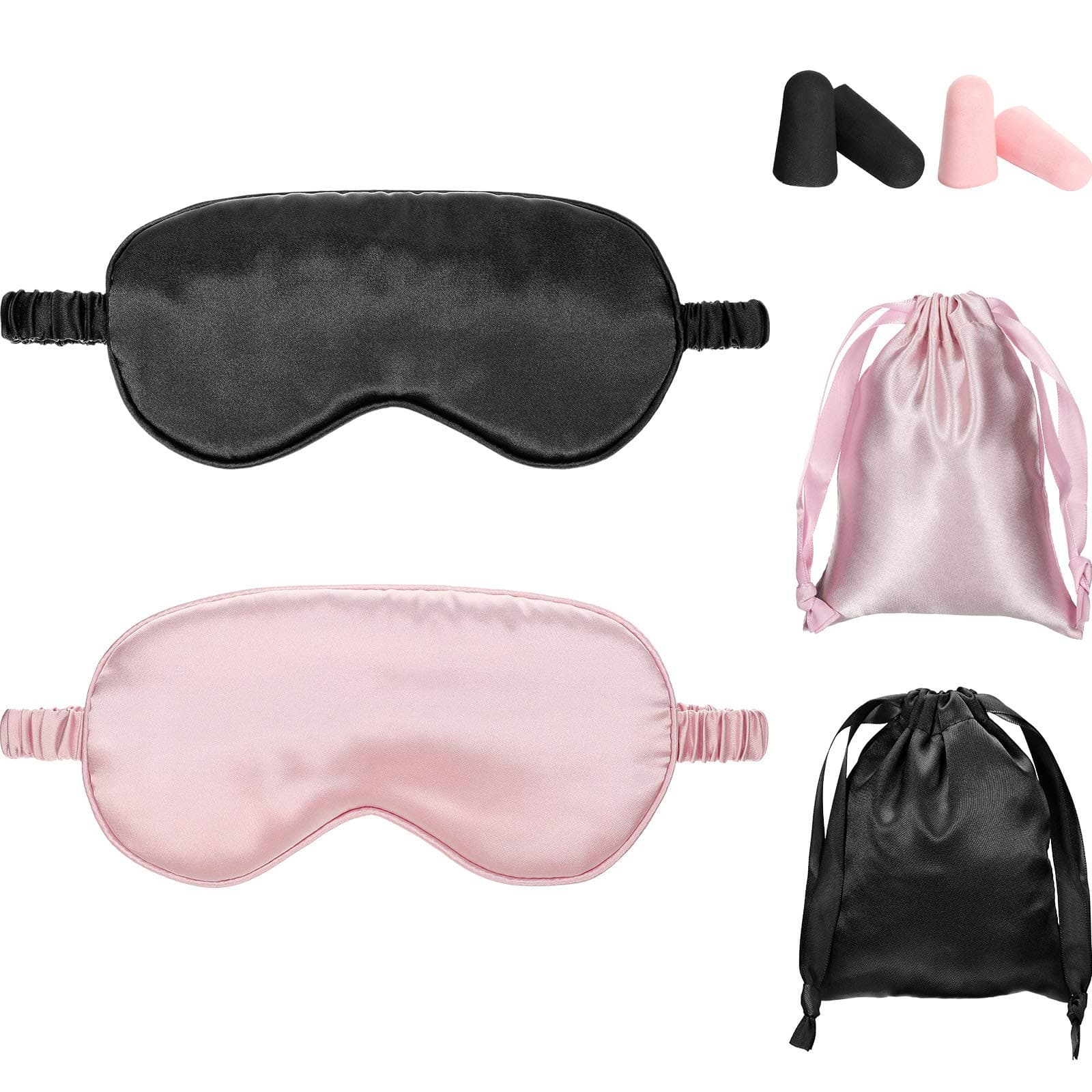 Silk Satin Sleeping Mask Eye Mask Set Include 2 Blindfold Eyeshade Elastic Strap Double Layer Silk Filling Eye Cover 2 Ear Plugs 2 Storage Bags for Women and Men Sleep Travel Nap (Black, Taro Purple) image