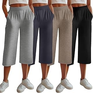 4 Pack Women's Capri Pants, Lounge Wide Leg Yoga Sweatpants Loose Comfy Cotton Jogger Pants Workout Capris with Pockets