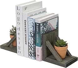 MyGift Vintage Gray Wood Decorative Bookends with Brass Metal Book Supports, Office Desk Wooden Bookend Book Stand, 2 Piece Set image