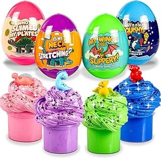 Dinosaur Butter Slime Kit for Kids – 4-Pack Colorful Butter Slimes with Glitter, Dinosaur Figurines, and Plastic Eggs – Sensory Toy, Party Favors, Birthday Gifts, Easter Basket Stuffers Fillers image