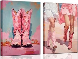 2Pcs Pink Cowgirl Boots Poster, Retro Western Funky Canvas Prints Cowboy Boots Pictures, Trendy women Aesthetic Wall Art Preppy Girl Room Decor Framed(16x24in Framed, pink) image