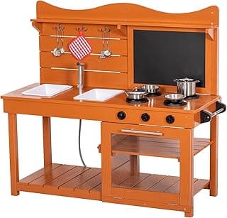 Kitchen Playset for Kids, Outdoor Wooden Mud Kitchen Set w/2 Removable Sinks & Spray Pipe, Backyard Garden Toddler Pretend Play Kitchen w/Blackboard, Kitchenware, Stove, Gift for Boys Girls image