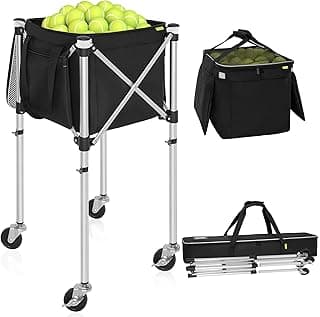 Foldable Tennis Ball Cart Holds 150-180 Balls Wheeled Tennis Ball Hopper Sports Teaching Carts with Storage Bag, Light Auminum Alloy
