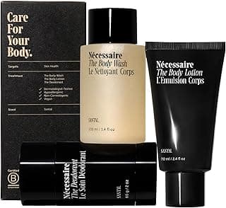 Nécessaire Body Essentials Set – Travel-Size Body Wash, Body Lotion + Deodorant | For Women + Men | Dermatologist-Tested. Hypoallergenic | Aluminum-Free Deodorant (2.5 Ounce (Pack of 1), Santal)