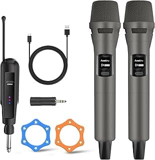 Wireless Microphone for Karaoke, 2.4GHz Rechargeable Cordless Dynamic Microphone and Wireless Receiver for Karaoke Machine,Church, Speech, Wedding, Party Singing, Grey, 2 Packs