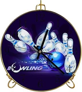 Table Clock, Sports Theme Modern Athlete Competitive Bowling Ball Game Battery Operated Desk Clock, Non Ticking Decorative Round Shelf Desk Top Clock Wall Clock for Bedroom Kitchen Office image