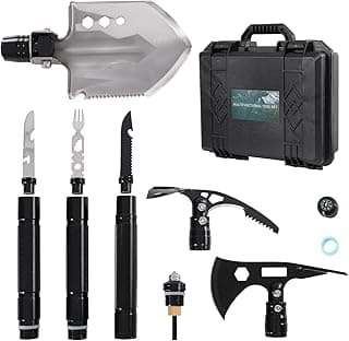 Survival Shovel Multitool 14-in-1 – Tactical Folding Shovel & Axe for Camping, Hiking, Hunting – Military Grade Gear with Adjustable Handle, Portable Storage Box