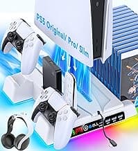 PS5/ Slim/Pro Stand for Disc & Digital Console, PS5 Cooling Station with Dual Controller Charging Station for PlayStation 5 Console, 3-Level Fan PS5 Controller Charger Accessories Stand image