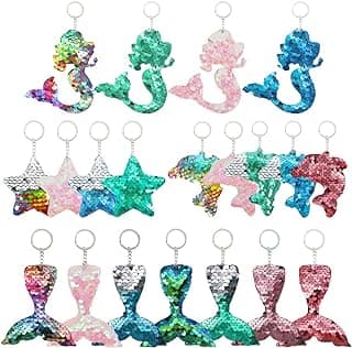 20 Pieces Reversible Mermaid Sequin Keychains Glitter Flip Keychains Animal Sequin Key Chains Theme Party Gift Bags for Birthday Party Favors Supplies (4 Styles, Multicolor) image