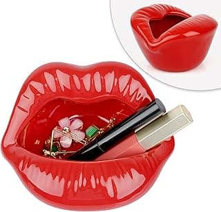 Trycooling Ceramic Red Lips Lipstick Ring Holder Jewelry Tray Rack Decorative Cosmetic Storage Display Holder Desktop Hairpin Storage Organizer Birthday Choice (Dark Red) image