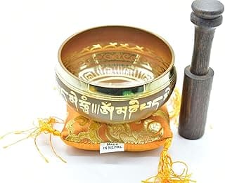 3.75" Tibetan Meditation Yoga Singing Bowl Green Set with free Wooden Mallet and Silk Cushion from Nepal, Singing bowls. (Orange) image