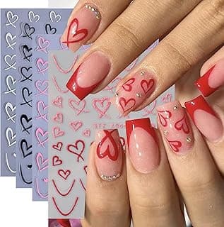 Heart Nail Stickers for Nail Art Love Heart Nail Decals French Lovers Wavy Line Nail Design 3D Self-Adhesive Love Hollow Peach Heart Shaped French Sticker for Women Valentine Gift Nail Decoration image