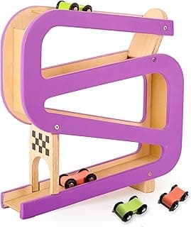 Wooden Car Tracker | Montessori Learning Toys for Toddlers | Car Ramp Toy with 4 Cars | Fine Motor Skills & Cognitive Development | Gifts for Girls & Boys Ages 1.5+ Years image