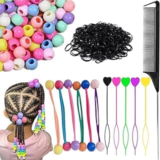 Hair Beads Set for Girls - Includes 200 Hair Beads, Quick Beader, Ponytail Balls, Rubber Bands, and Rat Tail Comb image
