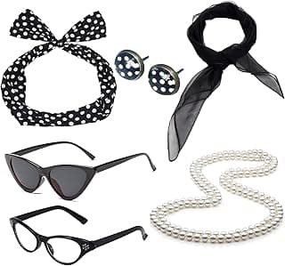 50's Costume Accessories Set Chiffon Scarf Cat Eye Glasses Bandana Tie Headband and Earrings image