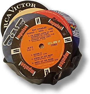 Vinyl Record Label Drink Coasters Set of 6 with Coaster Holder made from Genuine Upcycled Vintage Record Albums. Mixed genre Jazz, Blues, Broadway, Country, Rock, Disco, Motown image
