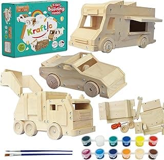 Kraftic Woodworking Building Kit for Kids and Adults, 3 Educational DIY Carpentry Construction Wood Model Kit Toy Projects for Boys and Girls, Build a Wooden Food Truck, Racing Car and Garbage Truck image