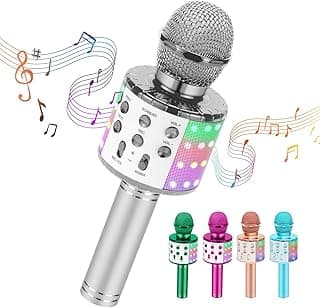Wireless Karaoke Microphone for Kids, Bluetooth Karaoke Microphone Portable Handheld Singing Karaoke Mic Speaker 3 4 5 6 7 Years Old Toys Kids Gift for Girl Boy (1 Pack, Silver) image