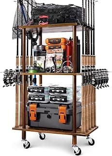 Ghosthorn Fishing Rod Holders for Garage Fishing Pole Rack Hold up to 10 Rods Fishing Pole Holders Wooden Organizer Fishing Rod Rack car Fishing Gear Storage Equipment (3 Tier) image