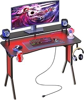 Gaming Desk with Power Outlets & LED Strip Lights,Computer Desk with Large Monitor Stand, Gamer Workstation with Stylish Metal Legs,Headphone Hook&Cup Holder for Home Office image