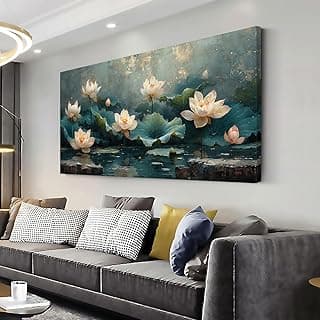 Wall art of lotus pond, canvas decoration, used for religious yoga rooms and cicada-themed spaces, home and living room decoration, gifts, hand-painted works, masterpieces. (28x58inch) image