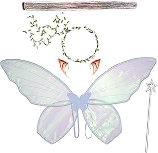 Fairy Wings for Adults and Girls，Fairy Costume Set with Floral Garland, Fairy Hair Tinsel, Wand & Elf Ears – Butterfly Wings image