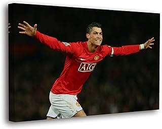 Cristiano Ronaldo Soccer Superstar Wall Art Canvas Decor, Colorful Soccer Home Room Decor, Framed Poster (RONALDO SMILES IN RED, 8" x 12" - Ready to Hang)