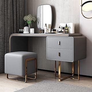 Modern Makeup Vanity Set, Dressing Table Set with Mirror, Drawers and Padded Cushioned Stool for Women Girls, for Bedroom, Grey image