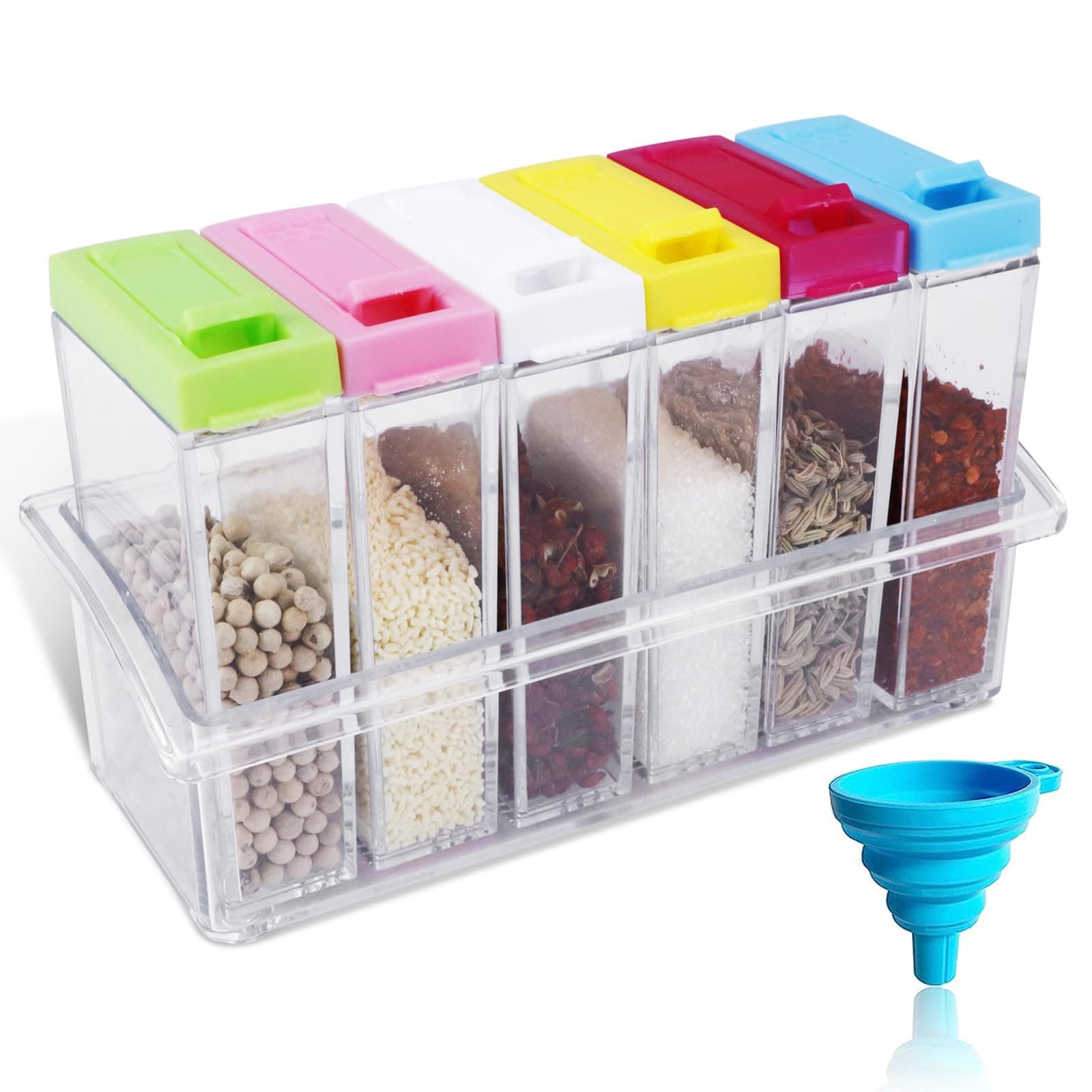 Portable Spice Shaker Container Set, 6-Piece Plastic Jars with Lid, Mini Travel Size Salt Pepper Seasoning Kit with Rack and Funnel for Camping, BBQ, RV, Dorm