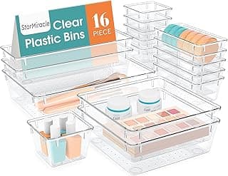 16 PCS Drawer Organizer Set, 5 Varied Size Bathroom and kitchen Drawer cabinet organizer Trays, Clear Storage Bins for Makeup, Jewelry, Utensils and Gadgets image