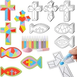 24 Sets Religious Sand Art Craft Kit for Kids Christian Crosses Fish Painting Kit with Colored Sand Brushes Create Your Own First Communion Sand Art for Sunday School Fun Home Activities image