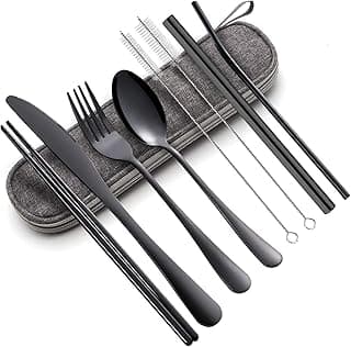 Portable Utensils Set,Reusable Travel Cutlery Set with Case Stainless Steel Flatware Set for Camping 8pcs Including Dinner Knife Fork Spoon Chopsticks Boba Straw (Black) image