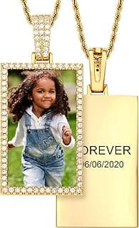 Custom Picture Necklaces For Men Women 18K Gold Plated Personalized Photo Pendant Customized Square Engraved Memorial Rip Chain Silver Diamond Dog Tag Birthday Gifts For Him/Her